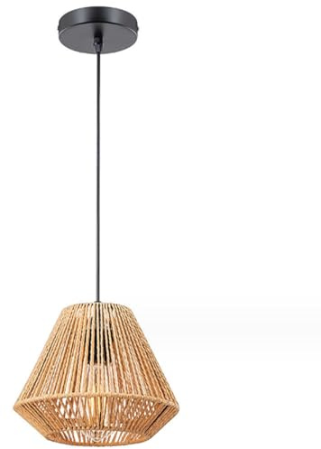 LIGKIN Lámpara Colgante de Ratán Industrial Lámpara de Techo Vintage E27 Retro Lámpara Techo Pantalla de Metal y Cuerda de Cáñamo Iluminación para Salón Comedor Dormitorio