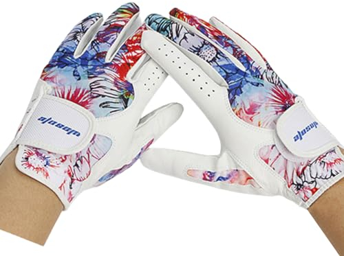 YaoFafa2178 1 Paar Damen-Golfhandschuhe, Farbig Bedruckt, Hochwertiger Damen-Golfhandschuh für die Linke und Rechte Hand, Weiches Leder, Atmungsaktiv, Bequem,L(Length19cm)