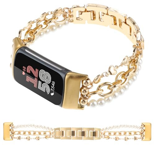 REALSIGN Pearl Beaded Bands Compatible with Fitbit Charge 6/Charge 5 Band Women, Dressy Wristband Stylish Gold Love Shape Link Chain Cute Strap Jewelry Bracelet for Fitness Tracker (Heart Shape-Gold)