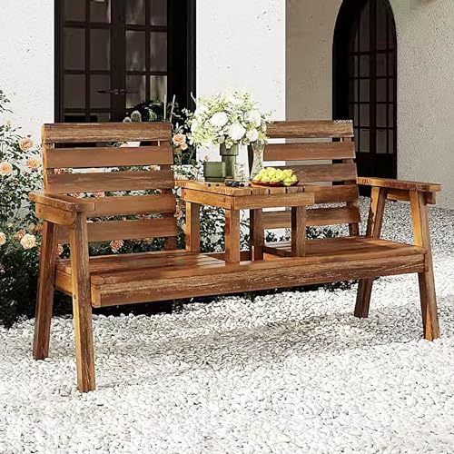 LLZJDDPLY Gartenbank mit Tisch, 2-Sitzer Holzbank mit Sitzkissen & Schirmloch, Sitzbank aus Akazienholz bis 350 kg belastbar, Terrassenbank for Balkon, Garten, Terrasse(Brown)