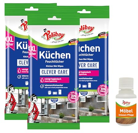 Poliboy, salviettine umidificate da cucina, XXL, per la pulizia della casa, con profumo d'arancia, 3 x 24 salviette, con campione di prodotto, Made in Germany