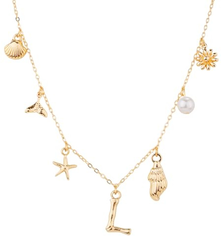 Collier à Breloques Initiales pour Femme, Doré Colliers avec Lettres Coquillage Coquillage Étoile de Mer Collier avec Pendentif Alphabet A-Z Bohème Bijoux Plage d'Été Cadeau pour Filles (L)