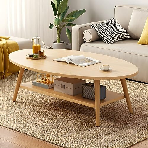 TBTBGXQ Ovalt modernt träbord, 119 cm x 61 cm x 42 cm (L x B x H), med 1 hylla, för lägenhet och balkong