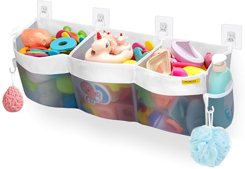 Badewannenspielzeug Aufbewahrung 3 Fächern Duschablage Ohne Bohren, Grau | Großes Fassungsvermögen (18,74L), Hängend oder Tragbar, mit 8 Haken, aus Nylon, Schnelltrocknend, für Badezimmer & Strand