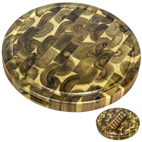 Acacia Wooden Butcher Block - End Grain Cutting Board with Juice Groove, Reversible Multipurpose Chopping Board - Cracker Holder (ROUND 13in)