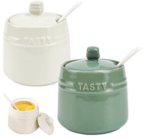 HEKOBAG 2 Pezzi Barattoli Sale Zucchero Caffè 250ml in Ceramica con 2 Cucchiaio, Porta Sale, Contenitori per Conservare Spezie (Azzurro e Bianco)