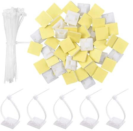 Sarini 100er-Pack Kabelbinder-Klebehalterungen, weiße Nylon-Kabelbinder mit selbstklebenden Kabelbinder-Basishaltern, Klebepads zur Kabelorganisation zu Hause, im Büro, in der Garage, in der Werkstatt