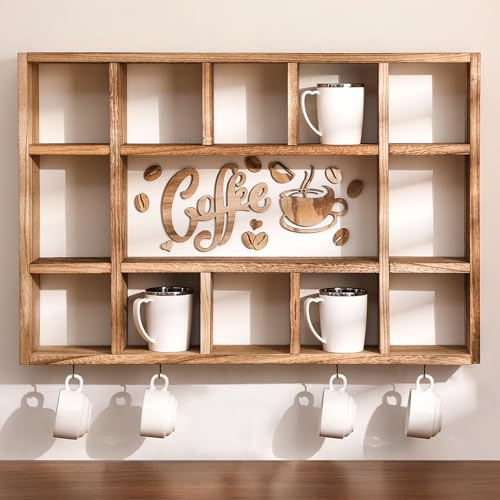Cinnvoice Oversize Coffee Mug Display Shelf for Wall Wood Coffee Mug Rack Wall Mounted Shelf Cubes Cup Hooks Hanger with Bar Sign Decor for Kitchen Station Bar Accessories(Brown)