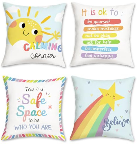Bonhause Calming Corner Cushion Covers 45 x 45 cm Sun Rainbow Classroom Decorative Throw Pillow Covers for Sofa Couch Bed Home Reading Corner Kids Room Decor Set of 4