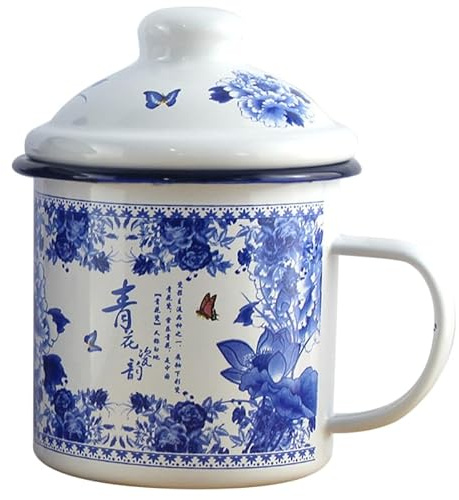 Gatuida Enamel Mug Vintage Tea Cup Porcelain Style 500Ml Large Enamel Camping Mug with Lid Sturdy Reusable Water Cup for Home Office Outdoor