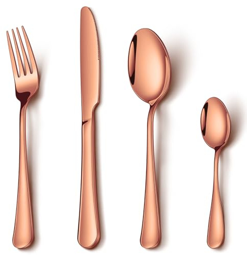 Cutlery Set Rose Gold, NINIROR 16 Piece Stainless Steel Flatware Set Silverware Set for 4 People Include Spoon Knife and Fork Sets Mirror Polished Dishwasher Safe Modern Design
