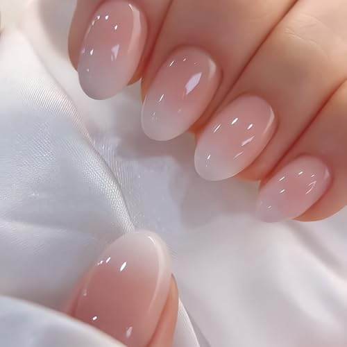 KQueenest Press on Nails Kurz French – Ombré Rosa Weiß Nägel zum Aufkleben Kurz Runde, French Fake Nails Gradient Rosa, Mandel Künstliche Nägel Set für Frauen, 24 Stück