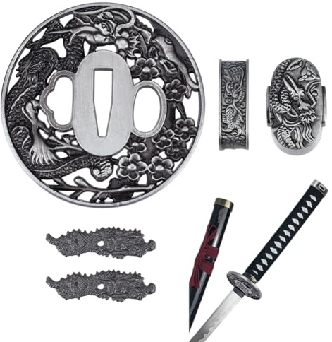 OLYCRAFT Ensemble de Tsubas pour Sabres de Samouraï Protège Mains pour Sabres Japonais Accessoires de Restauration Cosplay Entraînement Argent Antique
