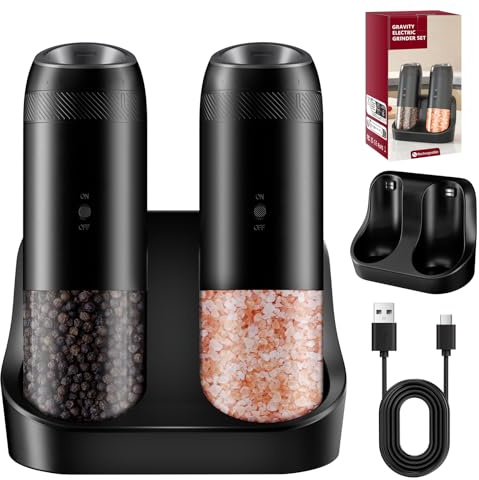 Salz und Pfeffermühlen Elektrisch 2er Set, [176ml große Kapazität] Homtronic Elektrische Pfeffermühle, Gewürzmühlenset Elektrische, USB Aufladung, Einstellbarem Keramikmahlwerk, Automatisches Mahlen