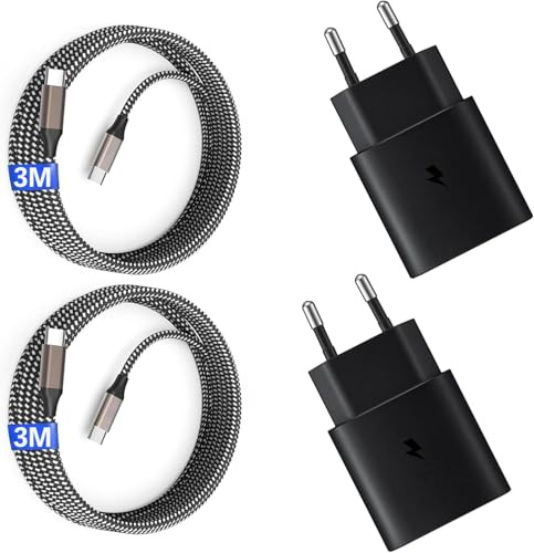 25W Chargeur USB C Secteur Charge Rapide pour Samsung Galaxy S25/S24/S23/S22/S21 Ultra/S20/S20+/Note 20/10/9/8/A73/A53/A52/S10/S9 et 3M Câble (Noir, Câble Tressé - 3M)