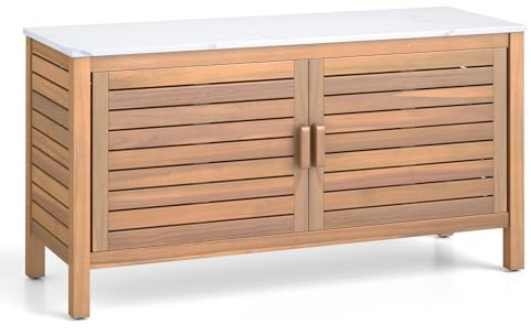 COSTWAY Gartenschrank Holz, Terrassenschrank mit Kunstmarmorplatte, Regal & verstellbare Fußpolster, Outdoor Aufbewahrungsschrank für Garten, Terrasse, 109 x 40 x 60 cm
