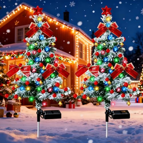 Quintrost Solar Weihnachtsbeleuchtung für Außen, 2 Stück Weihnachtsbaum mit LED Lichterketten, IP65 Wasserdicht Solar Gartenleuchten, Weihnachtsdekoration Lichter für Terrasse, Gehweg, Hof, Rasen