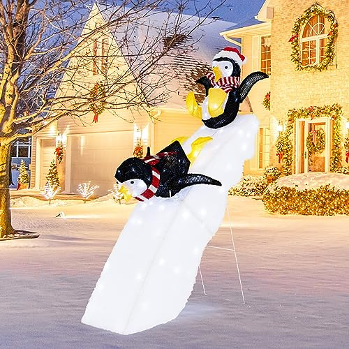 COSTWAY LED Weihnachts Pinguin, beleuchtete Weihnachtsdeko mit 130 kaltweißen LEDs, 120 cm Weihnachtsfiguren mit 2 skifahrenden Pinguinen, Mütze & Schal, Weihnachtsdekoration für innen & außen