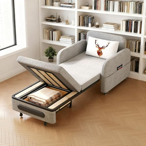 LineCrispton Single Sofa Bed with Storage: 1-Seater Folding Sleeper Bed Settee for Living Room/Bedroom/Study Room, Grey Convertible Sofa Chair & Foldable Couch with Comfy Foam Filling (Width: 88cm)