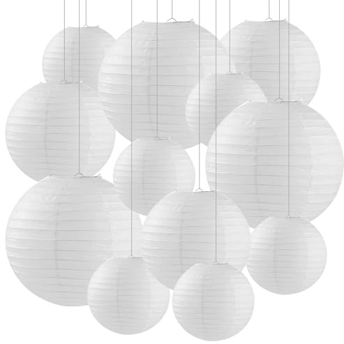 YOUNGSAY 12 Stk Papierlaterne Weiß, 10/15/20 cm Rund Lampion Papier, DIY Malerei Papierlampion für Hochzeiten, Geburtstage, Partys und Feierlichkeiten