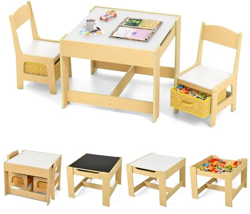 GOPLUS Table Enfant avec 2 Chaises, 3-en-1 Petite Table de Dessin, Réversible à Double Face avec Tableau Noir, 2 Boîtes de Rangement, Bureau Enfant Polyvalente pour Manger, Etudier et Jouer (Jaune)