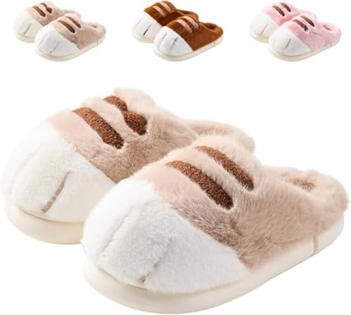 Katttasstofflor, plysch inomhusskor söt djur klo design mjuka varma mysiga halkfria tofflor för flickor tonåringar vuxna (Khaki, 2/3, vuxna, kvinnor, en storlek, alfa, UK skostorlekssystem, medium)