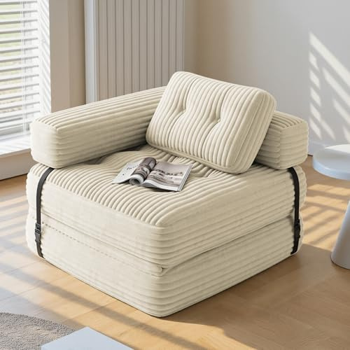Xbro Divano Letto Pieghevole Singolo Compatto in Velluto a Coste con Poggiatesta a L, Poltrona Letto Salvaspazio per Soggiorno Ufficio Ospiti, 85x85-170x85 cm, Beige
