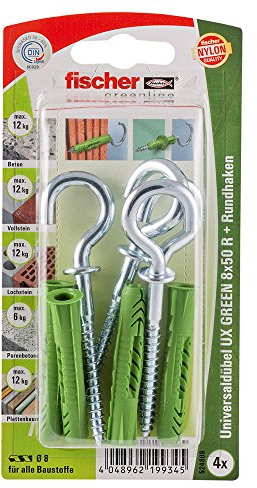 Fischer Universaldübel UX Green 8x50 R RH K mit Rand, 4 x Rundhaken 5,5 x 84, 524809