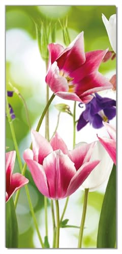 Wallario Selbstklebende Türtapete Blühende Blumen im Frühling in pink und weiß - Türposter 93 x 205 cm Abwischbar, rückstandsfrei zu entfernen