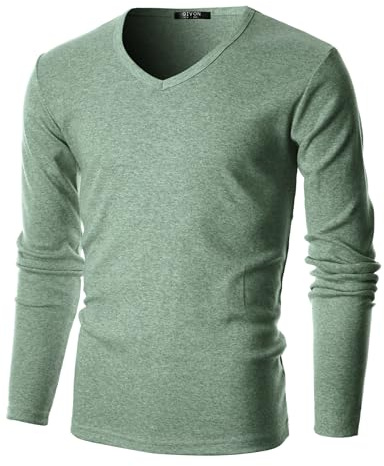 GIVON Men’s Slim Fit V-Neck Long Sleeve T-Shirt – 100% Cotton Ribbed Knit – Midweight Base Layer or Standalone Top / DCP053-JADEGREEN-M