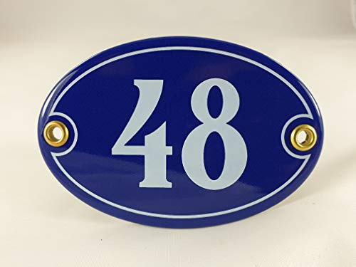 Emaille Hausnummer Schild Nr. 48, oval, Blau-Weiß mit Schrauben und Dübel Handarbeit