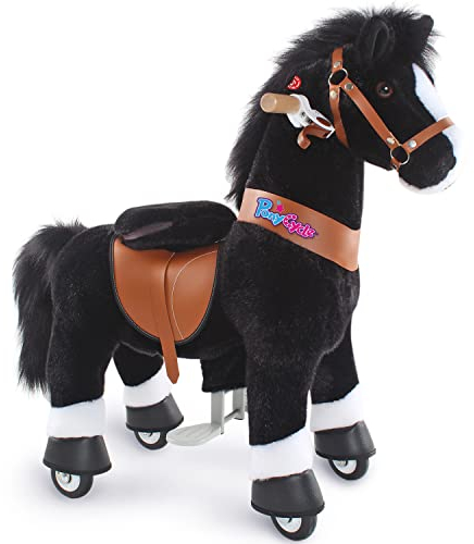 PonyCycle Reitpferd auf Rollen, für Kinder 3–4 Jahre, 76cm Hoch, Spielpferd zum Reiten mit Handbremse und Klang, Reittier auf Rollen, Schwarzes Reitpony mit Rollen, Klassisches Modell U - Ux326