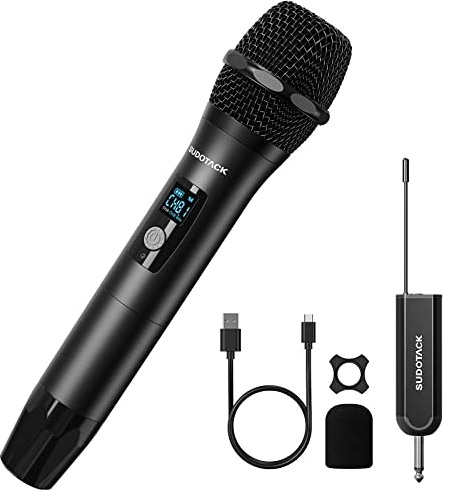 SUDOTACK Drahtloses Mikrofon, UHF Metall Dynamisches Mikrofon System mit wiederaufladbarem Receiver, Mikrofon Kabellos für PA-System, Karaoke, Hochzeit, Party, Vortrag, Singen (60 m Reichweite)