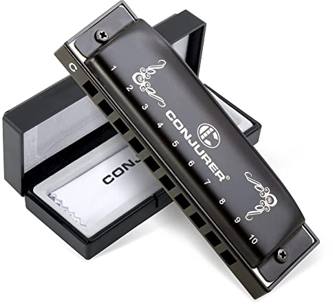 Conjurer Blues Harmonica C Mouth Organ for Children& Adults, Blues Harp 10 Holes Diatonic Harmonica Kids key of C, 1006C Black