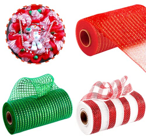 Rotoli di rete decorativa natalizia da 15,2 cm, per realizzare ghirlande, 9,1 m, verde, argento, rosso, bianco, a righe, rete metallica, nastro per grinch, nastri natalizi in rete di poliestere per