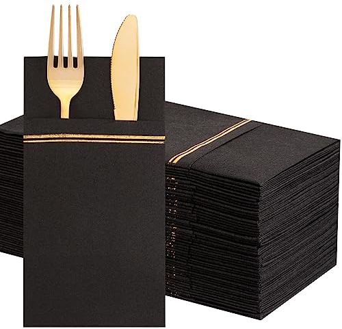 Nervure 100PCS Black Paper Napkins with Built-in Flatware Pocket - Black and Gold Prefolded Cloth Like Disposable Napkins - Heavy-duty Linen-Feel Dinner Napkins for Party & Halloween & Father's Day