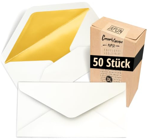 Japun - 50 enveloppes DL, 220 x 110 mm, intérieur or, extérieur blanc