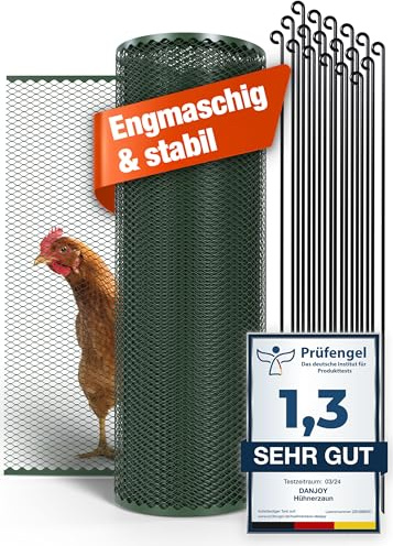 DANJOY Hühnerzaun I 120cm hoch I 25m lang I Der Zaun für Hunde oder Kleintiere ist besonders engmaschig, stabil - kein Durchhängen I 20x Befestigungen I Hundezaun Garten - Grün