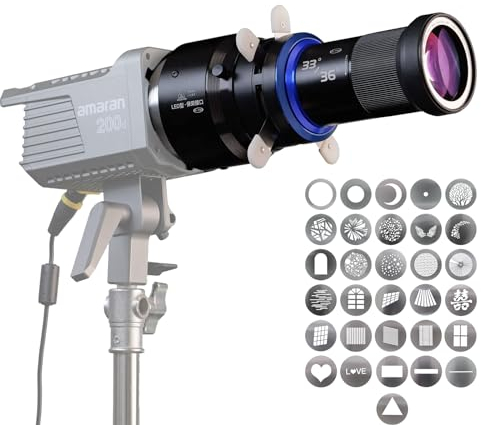 Bowens Mount Snoot Spotlight GOBO-Projektor mit 4-flügeliger Barntür, kompatibel mit Aputure Amaran 60D/100D/200D, Godox SL60 AD400, inklusive 5 Farbfiltern & 30 Gobos (MAX)