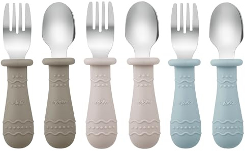 PandaEar Posate per Bambini, Set di 6 Cucchiai e Forchette per Bambini, Acciaio Inox 18/8 e Silicone Alimentare, Set di Posate per Bambini, Lavabili in Lavastoviglie (Marrone/Noce/Blu)