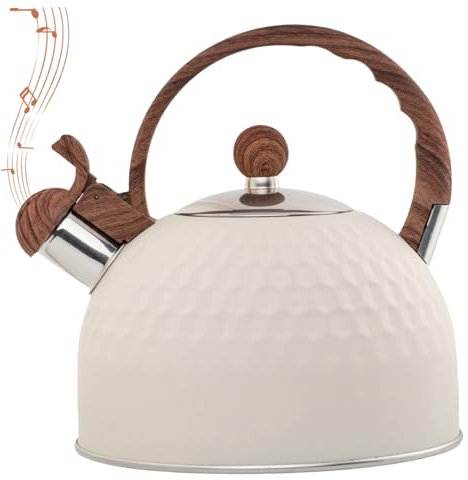 Wedhapy Bouilloire à thé Bouilloire à thé sifflante avec poignée en Bois Théière en Acier Inoxydable à Texture martelée de 2,5 l Théière Blanche au Lait sans Odeur pour cuisinière à Induction