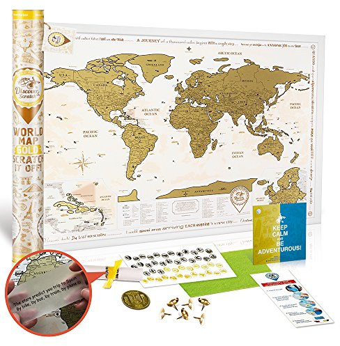 DMap factory™ Weltkarte zum Rubbeln XXL – 88 x 62 cm – Gold, mit Zubehör und Geschenkröhre, detaillierte Regionen – Scratch-off Map, Travel Map, Reisekarte