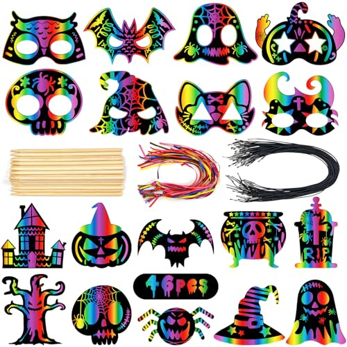 Leesgel Halloween Kratzbilder für Kinder,46 Stück Halloween Kratzbilder Masken Kinder Bastel Set,Kratzpapier Regenbogen Kinder mit Elastischen Kordeln und Band für Halloween Kinder Party