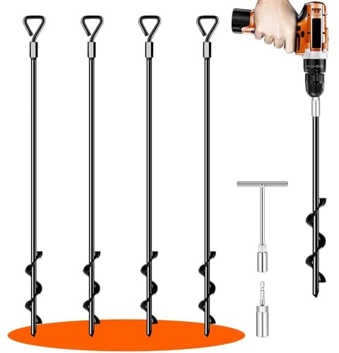 Bodenanker, 66 cm, zum Anschrauben, robuste Trampolinpfähle, starker Wind, Zeltheringe, Bodenanker für Campingzelt, Vordächer, Carports, Schaukel-Sets, Baldachinpfähle, Set (4 Stück)