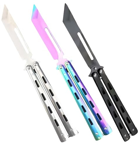 Sporgo 3 Stück Butterfly Trainer: Butterfly Messer zum Üben Ungeschärfte Klinge, Butterfly Kamm Edelstahl für Trainingsmesser AnfäNger-Der Flipping Tricks üBt (Schwarz + Silber + Farbe) (4)