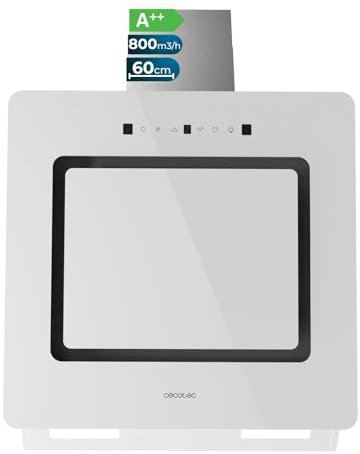 Cecotec Campana Extractora Decorativa 60cm Bolero Flux Dt 608002 Glass White A++. Acabado Vidrio Blanco, Chimenea Inox, Succión 800M3/H, Motor 210W, 3 Potencias, Filtro Carbono