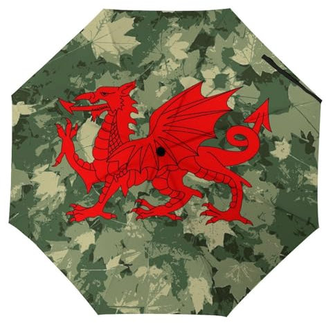 Wales Welsh Red Dragon Camouflage Leaves Umbrellas for Rain Automatic Travel Compact Windproof Strong Umbrella Manual