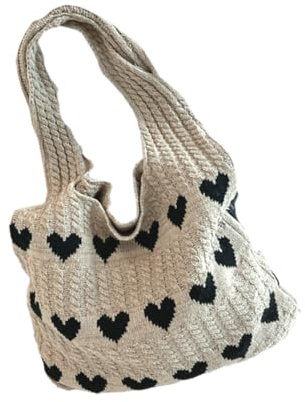 VALICLUD Knitted Heart Tote Bag Boho Beach Bag for Women Summer Oversize Khaki Shoulder Handbag Travel Pool Shopping