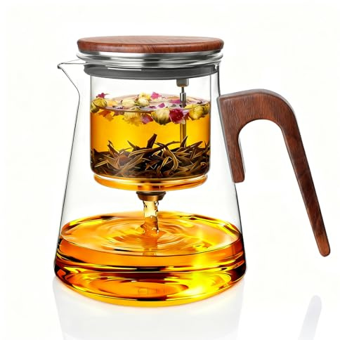 ZENS Magnetic Tea Pot, Enchanted Glass Teapot with Infuser and Magnetic Suction Lid for Mess-Free Loose Tea Diffusers, Walnut Wood Handle, Tea Lovers Gifts