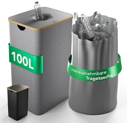 Pfandflaschen Sammelbehälter 100L mit Tragetasche I Flaschensammler für 30-40 Flaschen I Leergut Sammelbehälter mit Bambusdeckel & Tragetasche I Recycling Behälter für PET-Flaschen & Altglas (Grau)